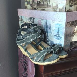Chaps Black and Tan Wedge Sandals
